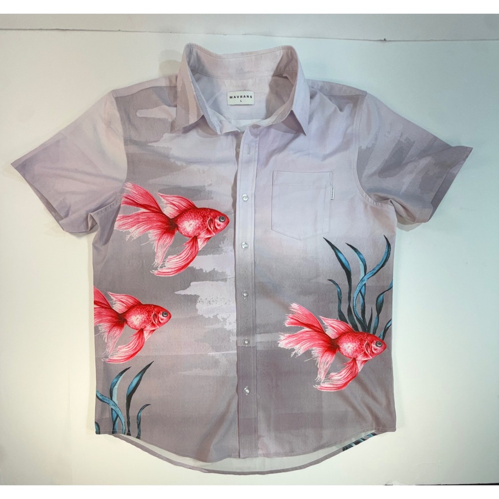 Mavrans Mens Large Goldfish Graphic Button Up Shirt Short Sleeve Lavender Grey